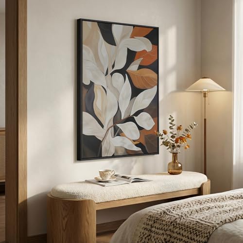 Framed Vertical Boho Abstract Botanical Wall Art for Living Room, 24x36 In - color: Neutral Brown Beige, size: 36"L x 24"W