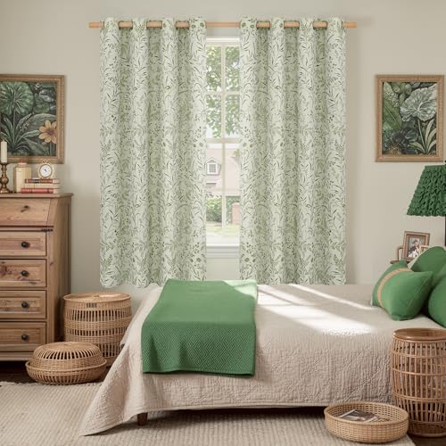 BGment Green Leaf Linen Curtains for Living Room 63 Inch Length 2 Panels - color: Green, size: 52"W x 63"L (Pack of 2)