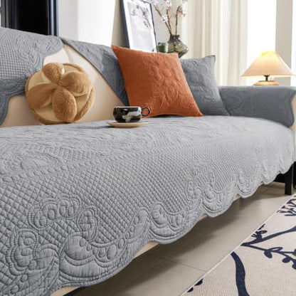 vctops Boho Cotton Quilted Couch Cover Soft Embroidered Sofa Cover Non-Slip Dog Bed Cover Scalloped Sofa Slipcover Washable Furniture Protector Cover (Light Grey,28"x82") - color: Light Grey, size: 1pc/28"x82"/Rectangular