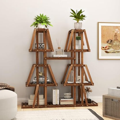 GIANTEX Plant Stand Indoor, 5-Tier Wooden Trapezoid Plant Holder Rack for Multiple Plants, Carbonized Pine Wood, Indoor Outdoor Flowerpot Holder Display Shelf for Living Room Balcony Patio Porch