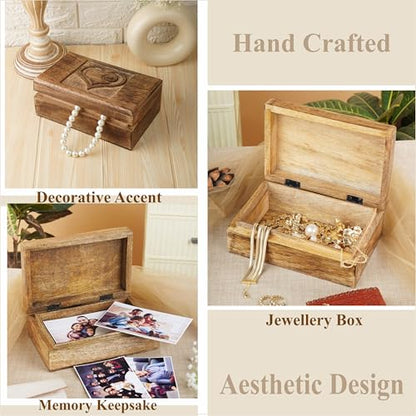 Ajuny Wooden Jewelry Box Heart Carved Keepsake Treasure Chest 8x5 Inch Case