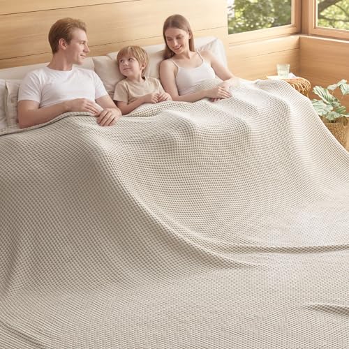 Bedsure Lightweight 100% Cotton Waffle Blanket, Oversized King, Linen - color: Linen, size: Oversized King (120" X 94")