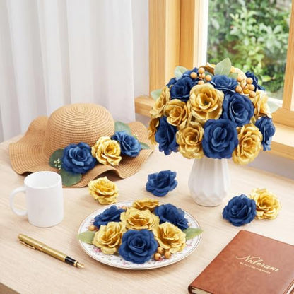 Yunlly 100 Pcs Artificial Flower for Wedding, Navy Blue, Gold - color: Navy Blue, Gold