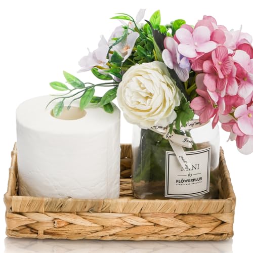 Eorbow 3 Packs Wicker Storage Trays, 10" Rattan Vanity Trays, Handwoven Toilet Paper Holder for Bathroom Towel, Rectangular Water Hyacinth Organizer for Countertop, Tank Topper, Pantry, Shelves