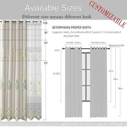 VOGOL Embroidery Curtains 63 inch Length Grommet Window Treatment Voile Panel Drape for Living Room Kichen, Two Panels, W42 x L63 inch - color: C1, size: 42"W x 63"L (Pack of 2)