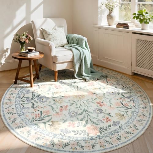 Lahome 6ft Beige Round Rug, Cream Floral Circle Babay Girls Bedroom Rug - color: Beige, size: 6' (Round)