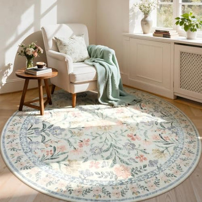 Lahome 6ft Beige Round Rug, Cream Floral Circle Babay Girls Bedroom Rug - color: Beige, size: 6' (Round)