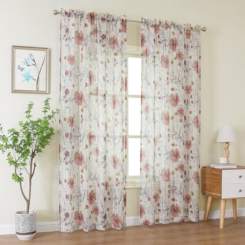 OWENIE Crushed Sheer Curtains 96 Inch Length 2 Panels Set, Sheer Floral Curtains Printed Drapes on Sheers for Living Room, Rod Pocket Light Filtering Window Sheers 42" W x 96" L - size: 42"W x 96"L (Pack of 2)