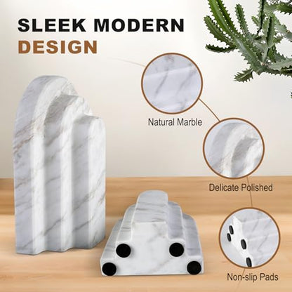Natural Marble Book Ends - Heavy Duty Bookends for Shelves - Aesthetic Layered Arch Design Stone Book Holders, Modern Office Bookshelf Stopper Decor for Books/CDs (Volakas) - style: Arched-Volakas