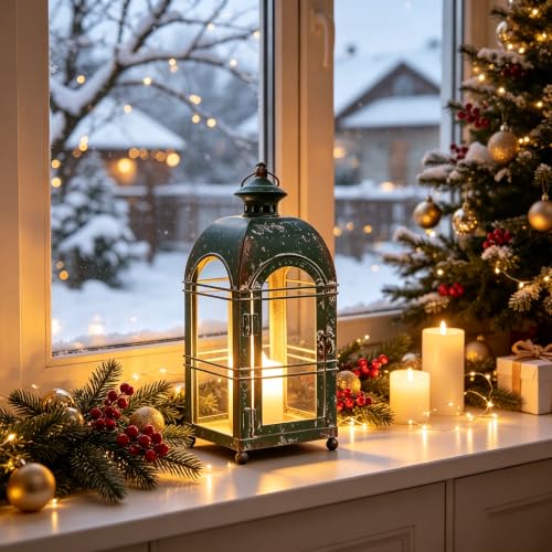 Vintage Farmhouse Metal Candle Lantern - 14 Inches Rustic Distressed Green Lanterns Indoor & Outdoor Decor Hanging Candle Holder Lantern for Garden Front Porch Patio Wedding Christmas (No Glass) - color: Green - No Glass