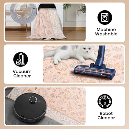 Boho Area Rugs 5x7 Floral Rugs for Living Room Washable Non Slip Low Pile Soft Carpet for Living Room Bedroom Dinning Room CRYPTOLITE