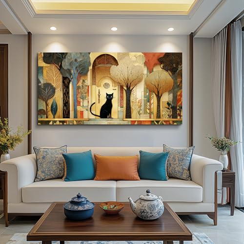 XIGUANGART Extra Large Modern Cute Cat Wall Art for Living Room,48x24 In - color: Abstract Canvas Wall Art, size: 48"L x 24"W