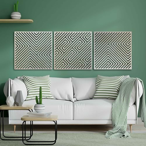 Abstract Wooden Wall Art Modern, Geometric Wood Wall Decor Living Room, Set of 3 Large Wood Wall Art, Aesthetic 3D Illusion Wood Wall Panels