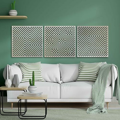 Abstract Wooden Wall Art Modern, Geometric Wood Wall Decor Living Room, Set of 3 Large Wood Wall Art, Aesthetic 3D Illusion Wood Wall Panels