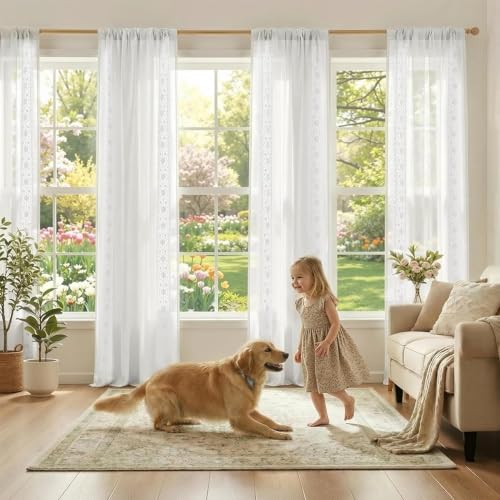 jinchan Floral Linen Curtains, Back Tab 54x84 Inch, 2 Panels White - color: S | Off White, size: 54"W x 84"L (Pack of 2)