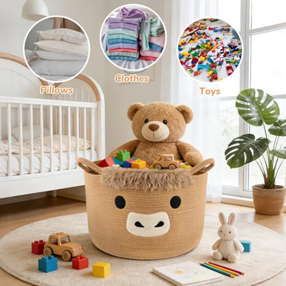 Large Highland Cute Cow Basket for Nursery,Laundry Blanket Gift Basket - color: Brown, size: 23"D ×13 "H