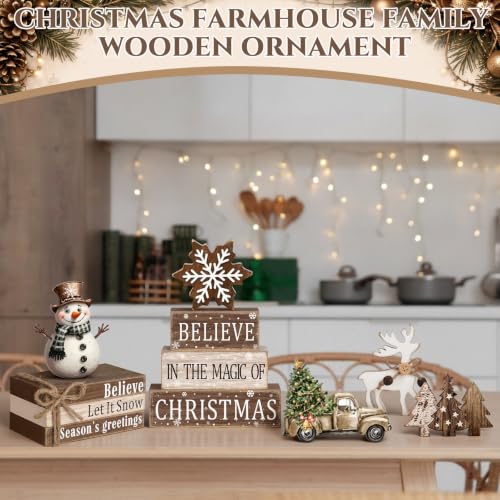 11 Pcs Christmas Table Decorations Christmas Tiered Tray Decorations Set Snowman Reindeer Wooden Stack Signs for Winter Xmas Party Home Kitchen Shelf - style: Christmas