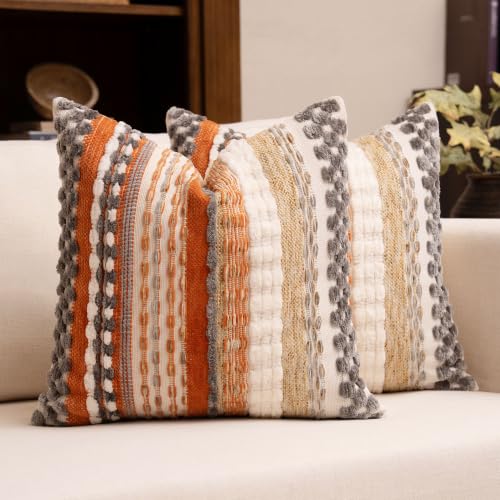 Boho Chenille Tufted Throw Pillow Covers 18x18 Inch Set of 2 Farmhouse Orange Grey Woven Striped Decorative Pillowcases for Couch Sofa Bed - color: Orange Grey