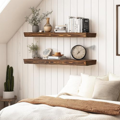 36x6.8x1.6in Slanted Solid Wood Floating Wall Shelves 2-Pack Brown - color: Brown, size: 36"-Set of 2