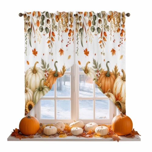 Thanksgiving Swag Valances Kitchen Curtains 36 Inches Length,Fall Green White Pumpkin Tier Drapes Swag Topper,Eucalyptus Maple Leaf Floral Short Curtains for Small Windows Bathroom 2 Panels 28"x36" - color: Orange Sage Green White, size: 28"W x 36"L (Pack