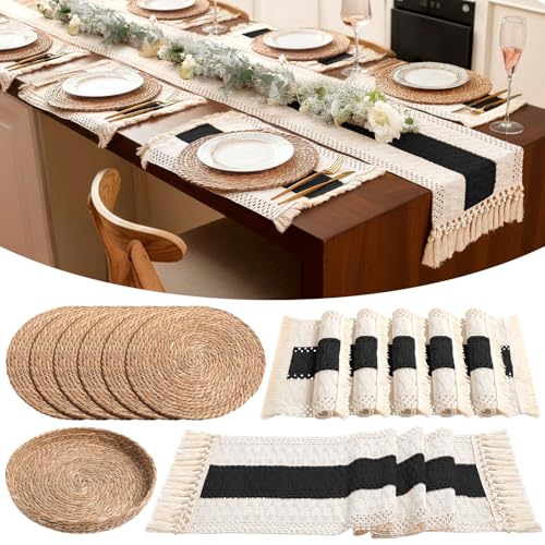 Boho Table Runner and Placemats Set, 6 Sets, Black A, 12x72 - color: Black a, size: 12x72"