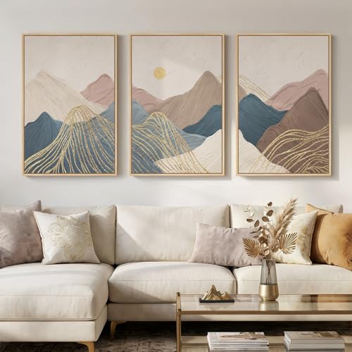 Framed Neutral Abstract Mountain 3 Piece Wall Art for Living Room, 24x36 In - color: Neutral Brown Blue, size: 24" W x 36" H x 3Pcs