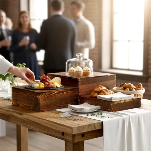 6 Pack Buffet Risers and Stands, Dessert Table Display Set with Mini Signs - color: Brown, size: 6 Pcs