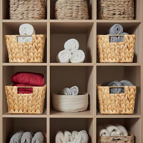 Casafield Set of 4 Water Hyacinth Storage Baskets with Handles - Natural, Woven Storage Bins for Shelves, Blankets, Laundry Organization