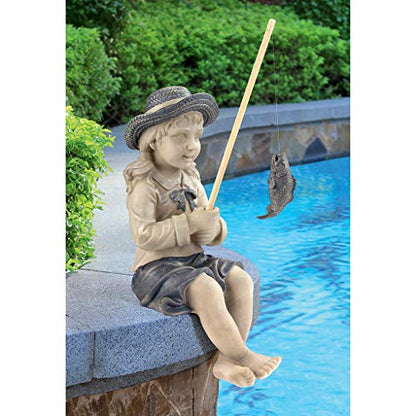Design Toscano Big Catch Fisherwoman Nellie Girl with Fishing Pole Garden Statue, Medium 17 Inch Tall, Cast Stone Resin, Two Tone Stone Finish - color: Medium Nellies Big Catch