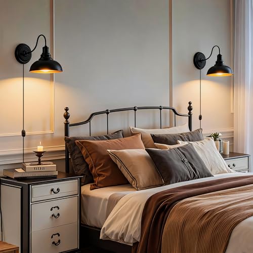 Lightess Plug in Wall Sconces Set of 2, Black Lamp with Cord Dimmer Switch - color: 2 Pack-Black Plug in