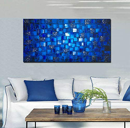 MyArton Large Thick Abstract Dark Blue add Silver Square Wall Art Hand Painted Artwork Textured Oil Painting on Canvas Framed Ready to Hang 60x30inch - color: Blue Add Silver, size: 60"L x 30"W