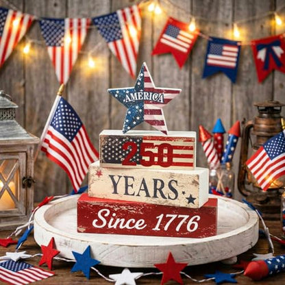 Amyhill 250th Anniversary Decorations Patriotic Wood Block Signs Table Centerpiece 1776-2026 Stars Stripes Tiered Tray Decor for 4th of July Independence Day Home Kitchen Office - style: American Star