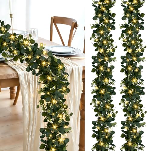 Eucalyptus Garland with Lights, 2 Packs 6FT Artificial Lighted Garland, Spring Summer Green Faux Garlands for Indoor Outdoor Home Decor Table Runner Wedding Arches Centerpieces Backdrops Decor