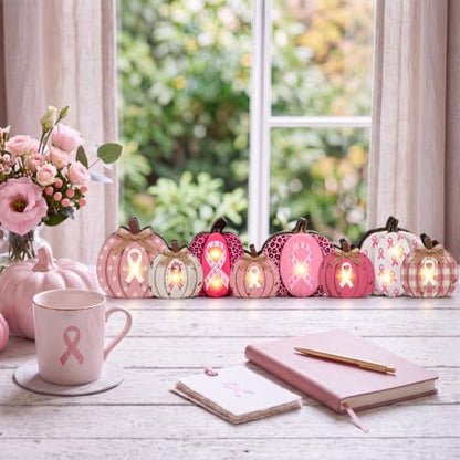 Yousoontic Breast Cancer Awareness Decorations, Pink Ribbon Wood Pumpkin - style: Breast Cancer Awareness