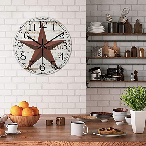 Round Farmhouse Wall Clock Western Texas Star Antique Style Wood Clock Quiet Non-Ticking Battery Operated Easy to Read Retro Wall Hanging Analog Clock for Living Room Kitchen Home 15 Inch - color: Style-3, size: 15in
