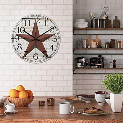 Round Farmhouse Wall Clock Western Texas Star Antique Style Wood Clock Quiet Non-Ticking Battery Operated Easy to Read Retro Wall Hanging Analog Clock for Living Room Kitchen Home 15 Inch - color: Style-3, size: 15in