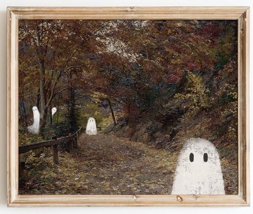 Kizbok Cute Ghost Decor, Vintage Halloween Ghost Wall Art Prints, Spooky ghosts Family in Autumn Landscape Canvas Painting, Moody halloween Pictures Wall Decor, Dark Academia H alloween Fall Poster for Bedroom Gallery Bathroom - UNFRAMED - color: ghosts F