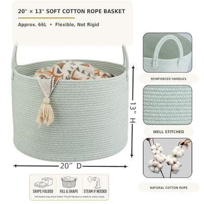 XUANGUO 66L Large Blanket Basket, Round Cotton Rope Basket, Light Green - color: light green