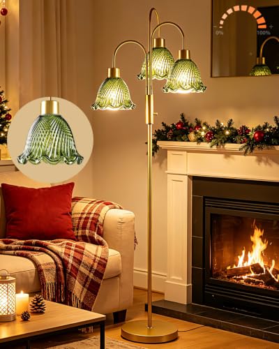 Glass Floor Lamp 3-Light 70" Green Flower Gold Dimmable Tall Standing Lamps - color: Green Flower-Gold