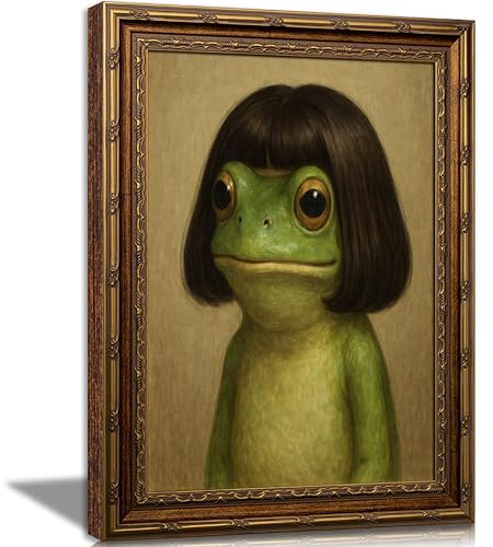 Funny Frog Wall Art Vintage Gold Frame Froge Wall Decor Interesting Animal Pictures Painting Cute Quirky Animal Hairstyle Poster Prints Artwork for Bathroom Living Room Bar Bedroom Home Decoretion - color: Black hair, size: 11"L x 9"W