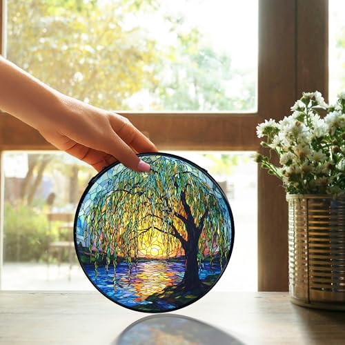 TNUW Willow Tree Stained Glass Window Hanging, Weeping Willow Sun Catchers Indoor Window Glass Round Wall Art Decor, Nature Tree Wall Hanging Decorations, 7.9＂x7.9＂