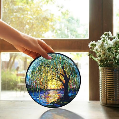 TNUW Willow Tree Stained Glass Window Hanging, Weeping Willow Sun Catchers Indoor Window Glass Round Wall Art Decor, Nature Tree Wall Hanging Decorations, 7.9＂x7.9＂