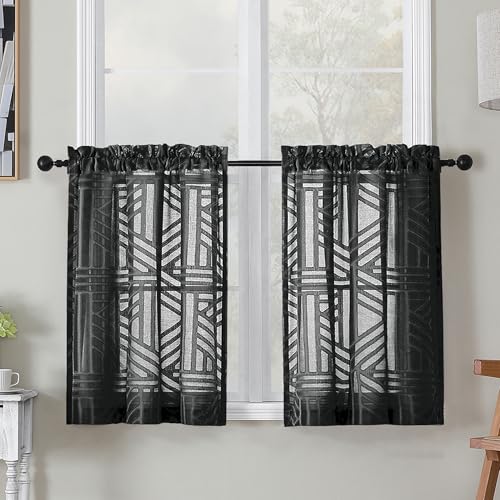 Simplebrand Semi Sheer Black Curtains 30 Inch Length 2 Panels, Geometric Jacquard Clip Textured Short Sheer Curtains for Bedroom?Modern Elegant Window Curtains Panels/Drapes/Treatment, 28x30 inch - color: Black, size: 30"W x 30"L (Pack of 2)