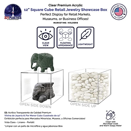 12" Acrylic Display Riser Box with One Open Side No Lid Versatile Clear Glossy Square Lucite Retail Product Platform or Merchandise Storage Bin No Assembly by Marketing Holders - size: 12" Cube-Clear