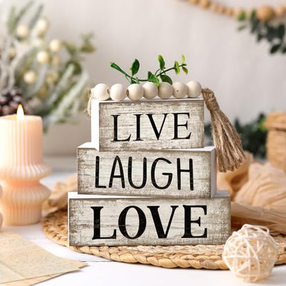 Yuntau 5 Pcs Rustic Farmhouse Table Decor Stacked Wooden Block Sign - style: Love
