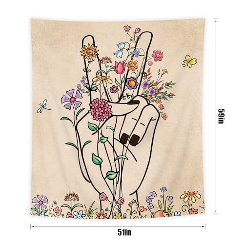 Peace Love Beige Tapestry Abstract Hand Flower Botanical Line Wall Hanging - color: Abstract Hand, size: 59"L x 51"W