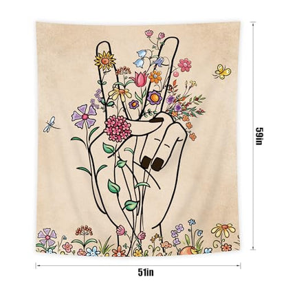 Peace Love Beige Tapestry Abstract Hand Flower Botanical Line Wall Hanging - color: Abstract Hand, size: 59"L x 51"W
