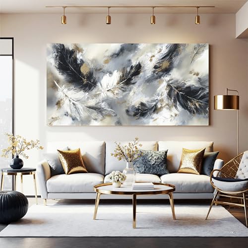 YISXINOAG Black White Abstract Wall Art Modern Feather Painting 24"X48" - color: black grey, size: 48"L x 24"W