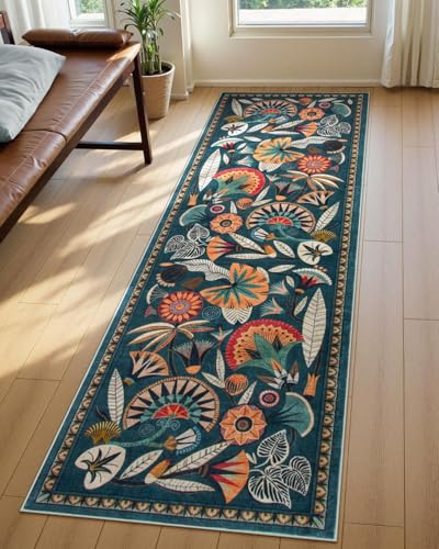 Zealude Boho Washable Green Bathroom Kitchen Runner Rug, 2x8 Egypt Hallway Entryway Rug Runner, Non Slip Botanical Floral Vintage Carpet for Entry Living Laundry Room (Dark Green, 2 x 8) - color: Green, size: 2'6'' x 8'(Runner)