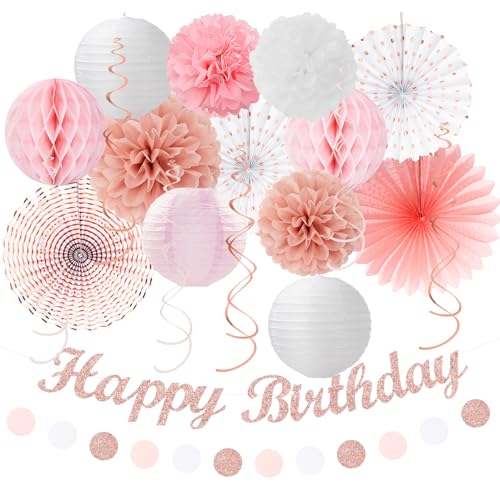 Pink White Rose-Gold Birthday Party-Decorations - 21pcs Happy Banner, Paper Lanterns,Tissue Pom Poms Flower Fan,Honeycomb Ball,Swirl Streamers Garland Supplies Decor Girls Women Huglony - color: Pink White Rose-gold